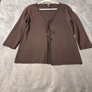 Cable&Gauge Brown Ribbed Beaded Silk/Viscose/Nylon Tie Front Cardigan Sweater XL